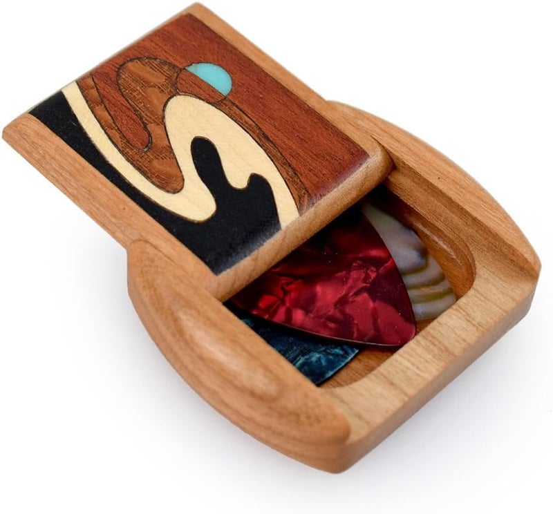 Modern Artisans Guitar Pick Caddy Box, American Made Cherry Wood with Wave Inlay with 3 Picks - Image 5
